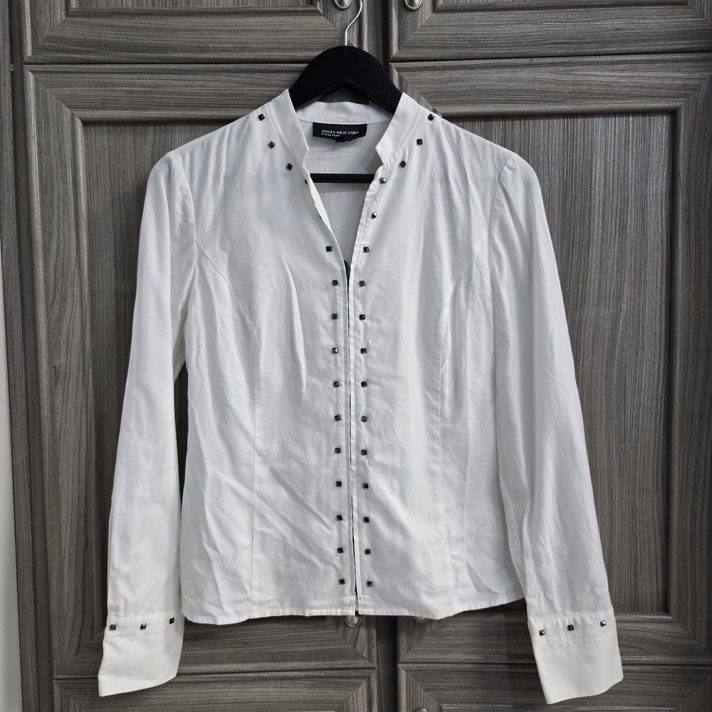 Jones New York Signature Shirt Zip Pleat Front Long Sleeve Size Small Studded